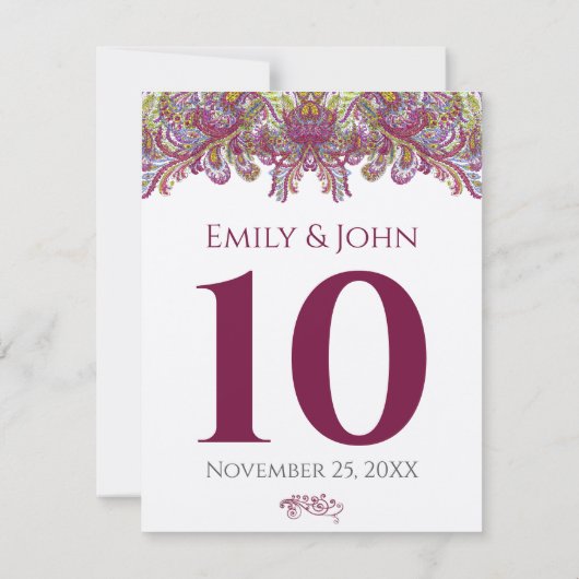  RaspberryDamask Wedding Table Number Kaarten (Achterkant)