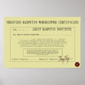 RASPUTIN WORSHIPPER CERTIFICAAT POSTER (Voorkant)