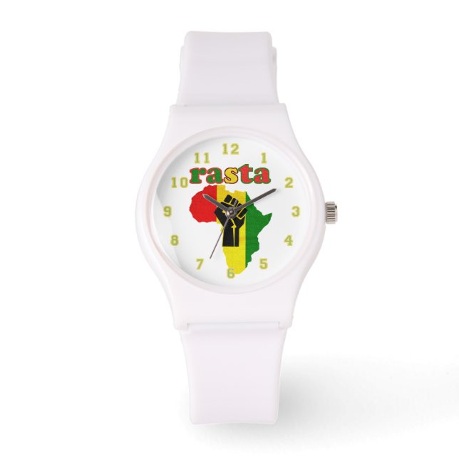Rasta,  Black Power Fist over Africa White   Horloge (Voorkant)