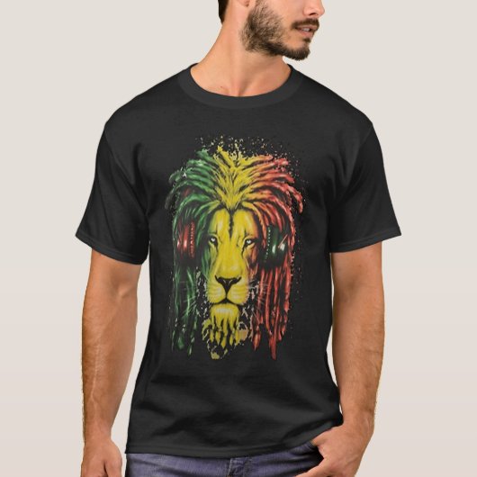 Rasta Dreadlock Leeuw met Hoofdtelefoon T-shirt (Voorkant)
