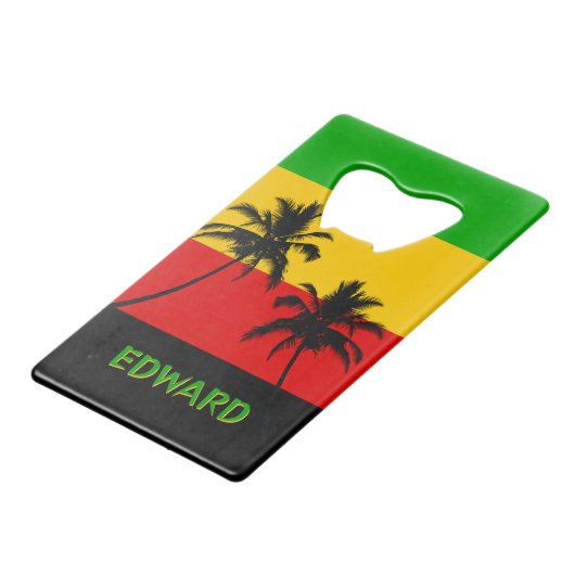 Rasta Flag with Palm Trees Tropical Creditkaart Flessenopener (Voorkant Gekanteld)