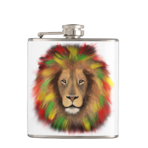 Rasta leeuw hoofd rood geel groen tekening Jamaica Heupfles