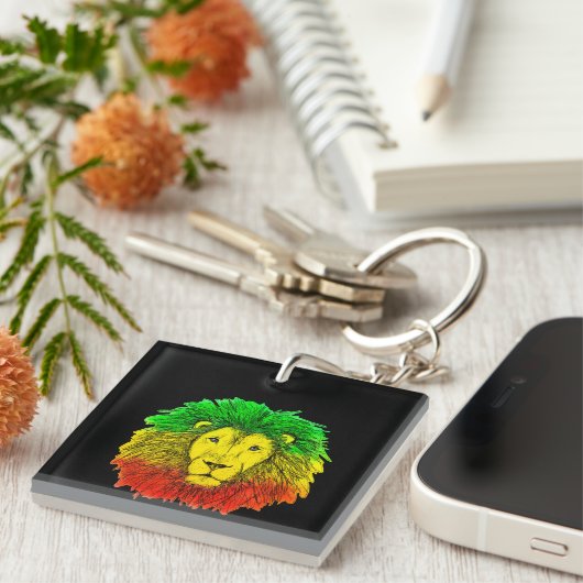 Rasta leeuw hoofd rood geel groen tekening Jamaica Sleutelhanger (Voorkant Rechts)