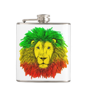 Rasta leeuwenkop rood geel groen tekening Jamaica Heupfles