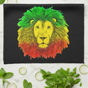 Rasta leeuwenkop rood geel groen tekening Jamaica Theedoek