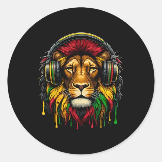 Rasta Raggae Jamaica Muziek Hoofdtelefoon Leeuw va Ronde Sticker (Voorkant)