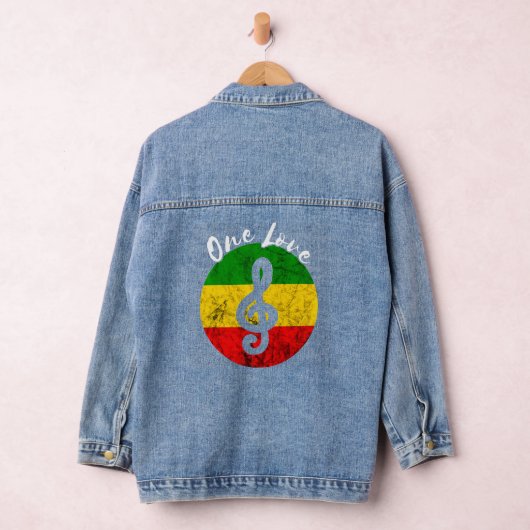Rasta Reggae Rastafari Roots Muzieknoot One Love H Denim Jacket (Hangar)