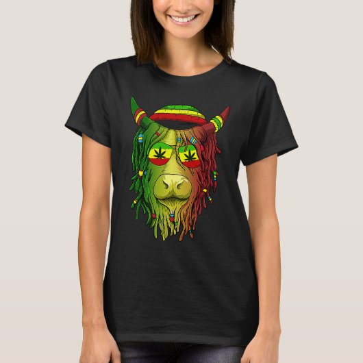 Rasta Scottish Highland Cow  Scottish Stoner Cow T-shirt (Voorkant)