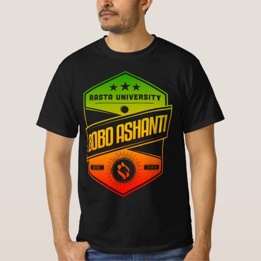Rasta University Bobo Ashanti goede vibes reggae T-shirt (Voorkant)