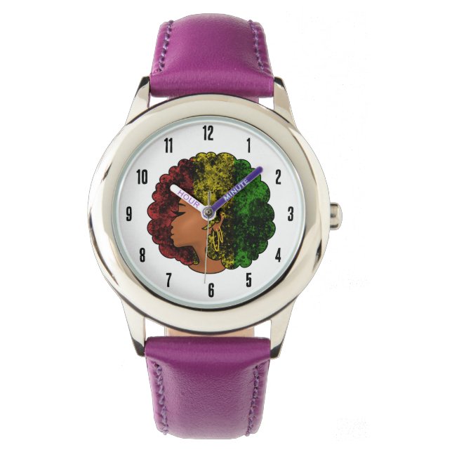 Rasta zwart meisje vrouw afro rood geel groen horloge (Voorkant)