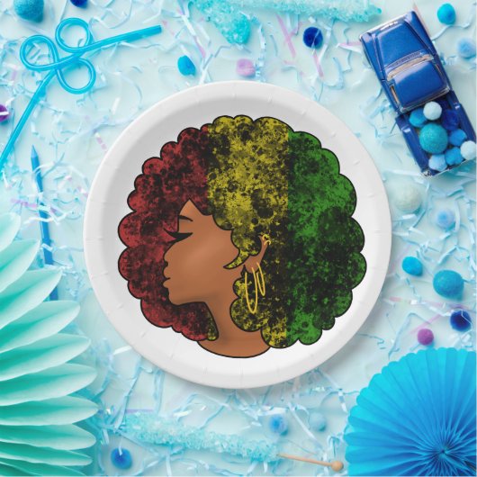 Rasta zwart meisje vrouw afro rood geel groen papieren bordje (Feest)