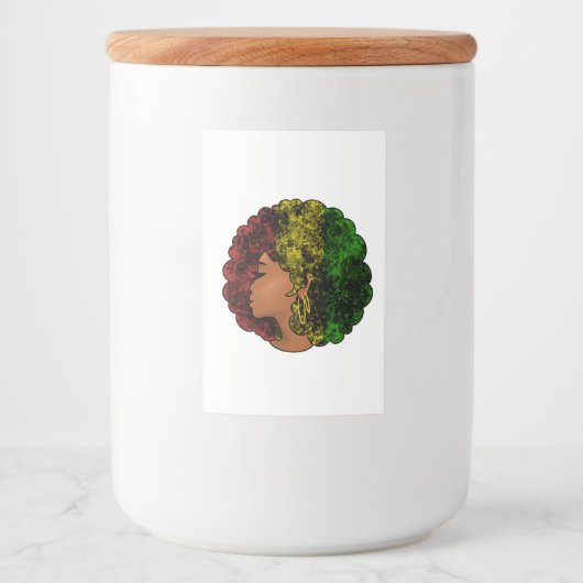 Rasta zwart meisje vrouw afro rood geel groen voedselcontainer etiket (Voorkant)