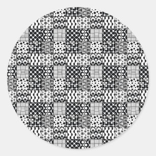 Raster van zwart-wit geometrische patronen, 01 ronde sticker
