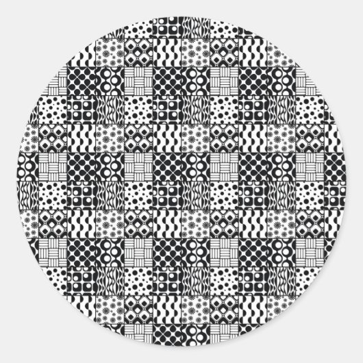 Raster van zwart-wit geometrische patronen, 01 ronde sticker (Voorkant)