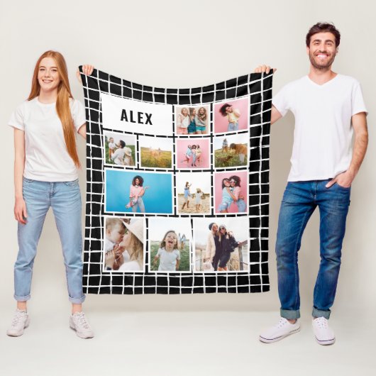 Raster zwart wit 12 foto modern minimaal abstract fleece deken (In situ)