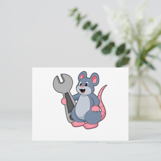 Rat als monteur met sleutel briefkaart (Staand voorkant)