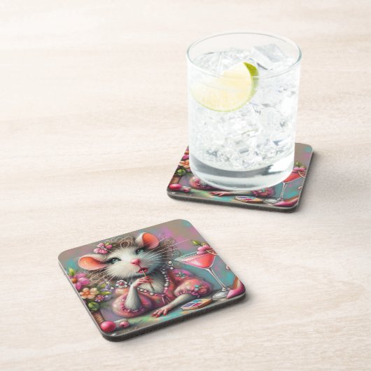  rat dame met een martini overweegt bier onderzetter (Rechterzijde)