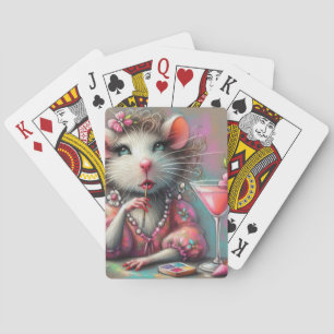 rat dame met een martini overweegt pokerkaarten