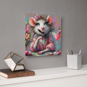 rat dame met een martini overweegt vierkante klok