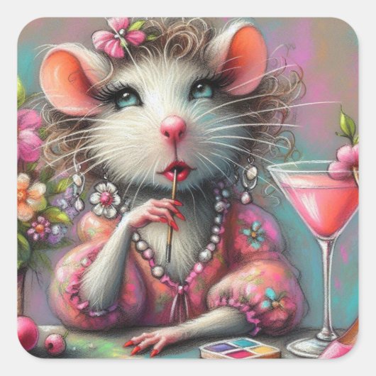  rat dame met een martini overweegt vierkante sticker (Voorkant)