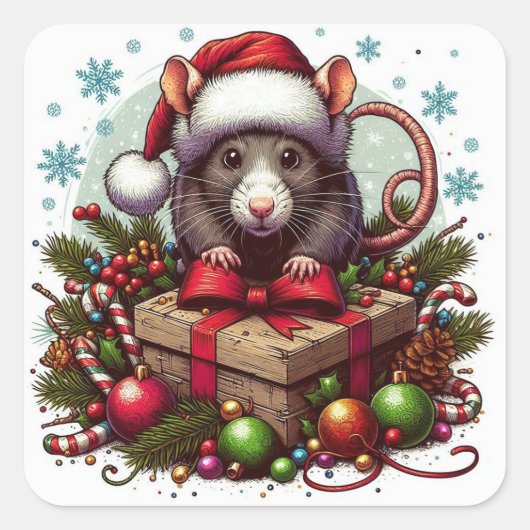 Rat dragen kerstmuts kerstcadeautjes Art Vierkante Sticker (Voorkant)