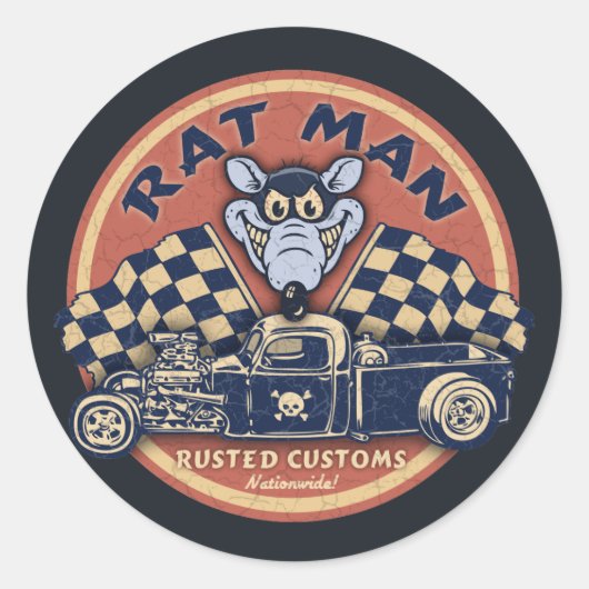 Rat Man Rusted Customs Ronde Sticker (Voorkant)