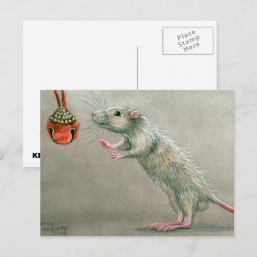 Rat met rode bel briefkaart Kerst (Voorkant / Achterkant)
