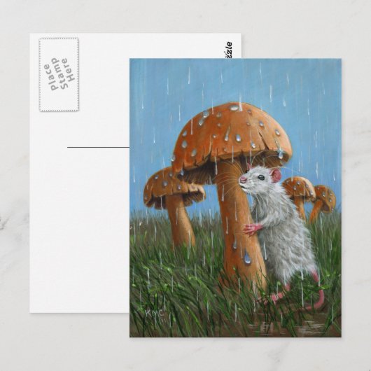 Rat onder paddenstoel in Briefkaart met regen (Voorkant / Achterkant)