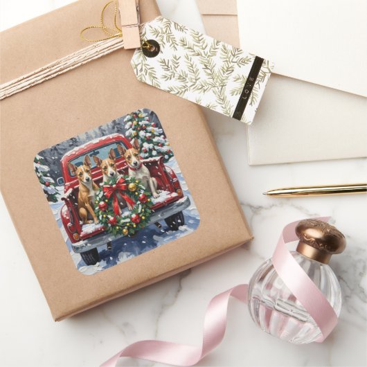 Rat Terrier Christmas Red Truck Holiday Vierkante Sticker (Geschenken)