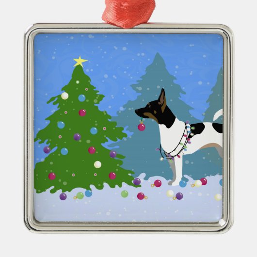 Rat Terrier Decoreert een kerstboom in het bos Metalen Ornament (Voorkant)