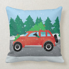 Rat Terrier die een kerstauto met een boom bestuur Kussen