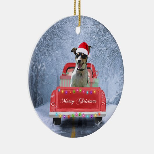 Rat Terrier Dog in Snow, die met Kerstmis rondloop Keramisch Ornament (Rechts)