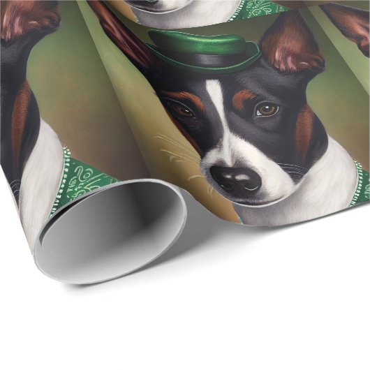 Rat Terrier Dog in St. Patrick's Day Dress Cadeaupapier (Rol Hoek)