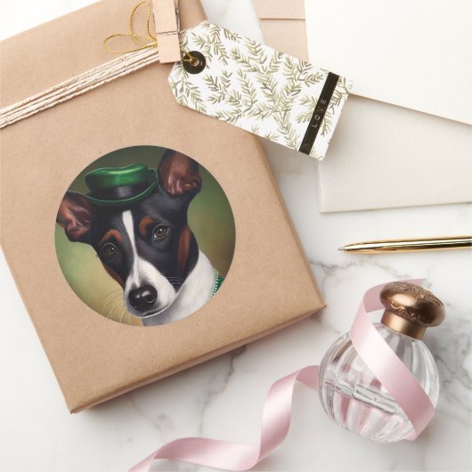 Rat Terrier Dog in St. Patrick's Day Dress Ronde Sticker (Geschenken)