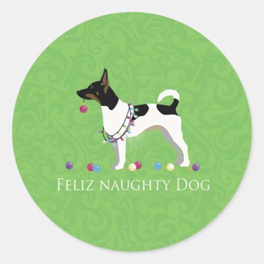 Rat Terrier Feliz Naughty Dog Kerstmis Ronde Sticker (Voorkant)
