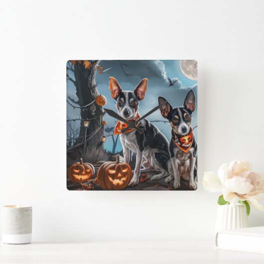 Rat Terrier Halloween Spooky Vierkante Klok (Huis)