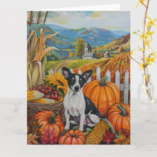Rat Terrier Hond Herfst Oogst Thanksgiving Kaart (Gele Bloem)