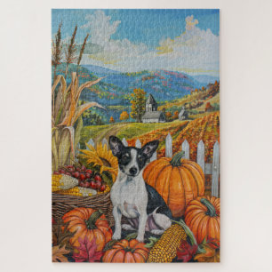 Rat Terrier Hond Herfst Oogst Thanksgiving Legpuzzel