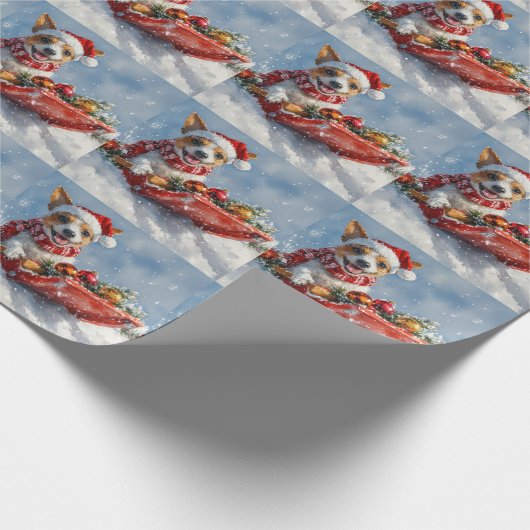 Rat Terrier Hond in Sledge Laat het Sneeuw Kerstmi Cadeaupapier (Hoek)