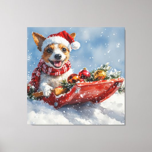 Rat Terrier Hond in Sledge Laat het Sneeuw Kerstmi Canvas Afdruk (Voorkant)