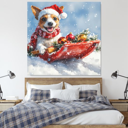 Rat Terrier Hond in Sledge Laat het Sneeuw Kerstmi Canvas Afdruk (Insitu (Slaapkamer))
