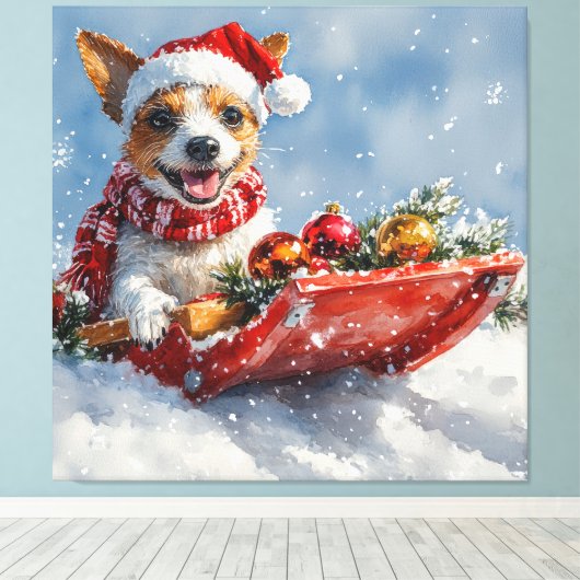 Rat Terrier Hond in Sledge Laat het Sneeuw Kerstmi Canvas Afdruk (Insitu (Houten vloer))