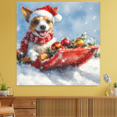 Rat Terrier Hond in Sledge Laat het Sneeuw Kerstmi Canvas Afdruk (Insitu (Woonkamer))