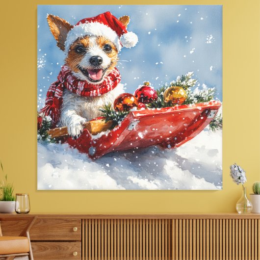 Rat Terrier Hond in Sledge Laat het Sneeuw Kerstmi Canvas Afdruk (Insitu (Woonkamer))