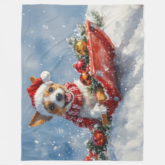 Rat Terrier Hond in Sledge Laat het Sneeuw Kerstmi Fleece Deken (Voorkant)
