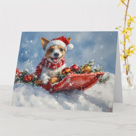 Rat Terrier Hond in Sledge Laat het Sneeuw Kerstmi Kaart (Gele Bloem)