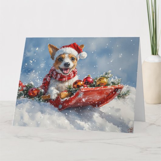 Rat Terrier Hond in Sledge Laat het Sneeuw Kerstmi Kaart (Voorkant)