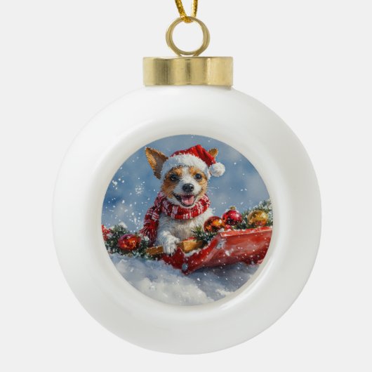 Rat Terrier Hond in Sledge Laat het Sneeuw Kerstmi Keramische Bal Ornament (Voorkant)
