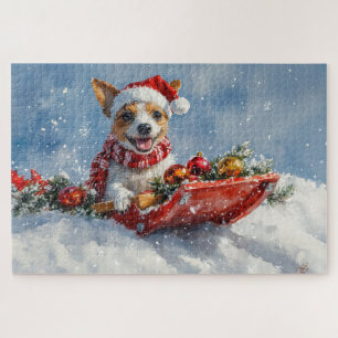 Rat Terrier Hond in Sledge Laat het Sneeuw Kerstmi Legpuzzel