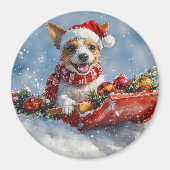Rat Terrier Hond in Sledge Laat het Sneeuw Kerstmi Magneet (Voorkant)